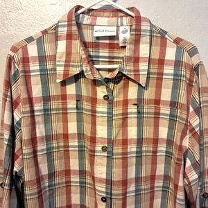 Alfred Dunner Long Sleeve Button Front Blouse Plaid Sz 20 Shoulder Pads